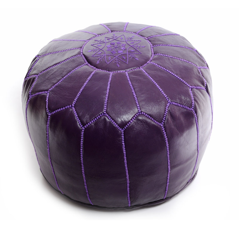 Pouf rond en cuir véritable de 20 po de largeur, Cuir marocain mauve, Mauve