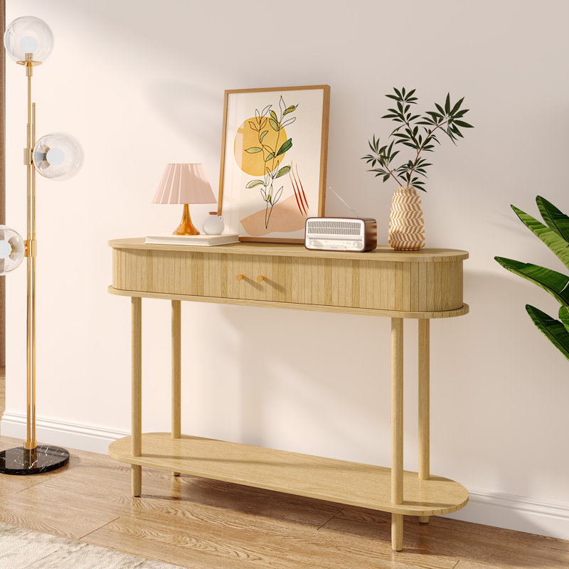  47" Console Table With Tambour Doors For Hallway, Living Room, Natural Wood