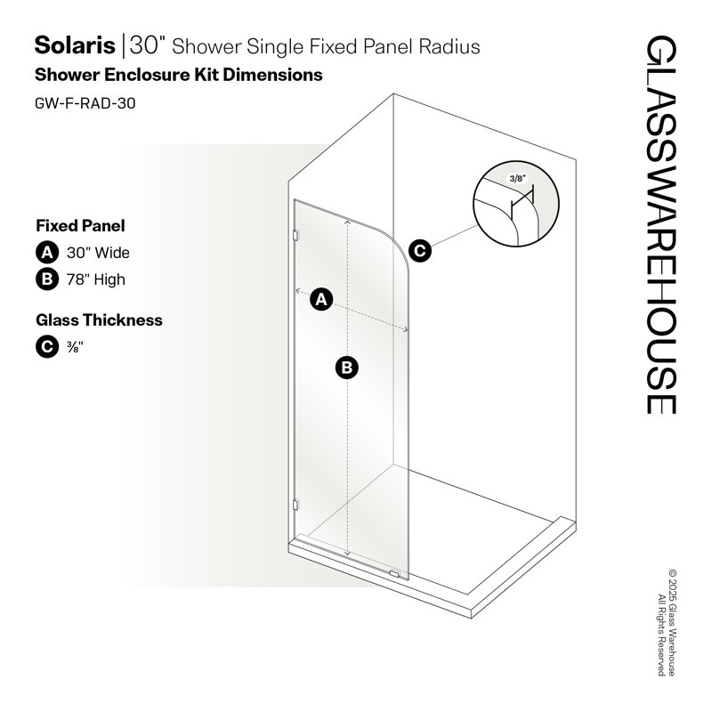 Solaris 30 in. x 78 in. Fully Frameless Radius Single Fixed Shower Panel, Brushed Bronze
