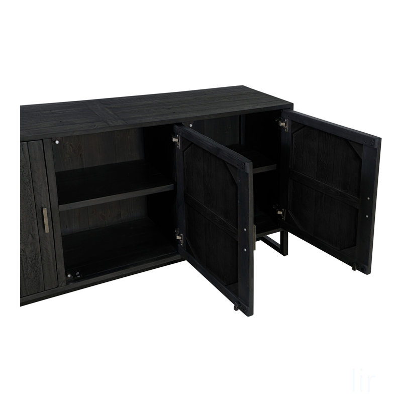 Buffet rustique en pin noir avec base en bois récupéré et acier inoxydable, parfait pour les espaces modernes et traditionnels