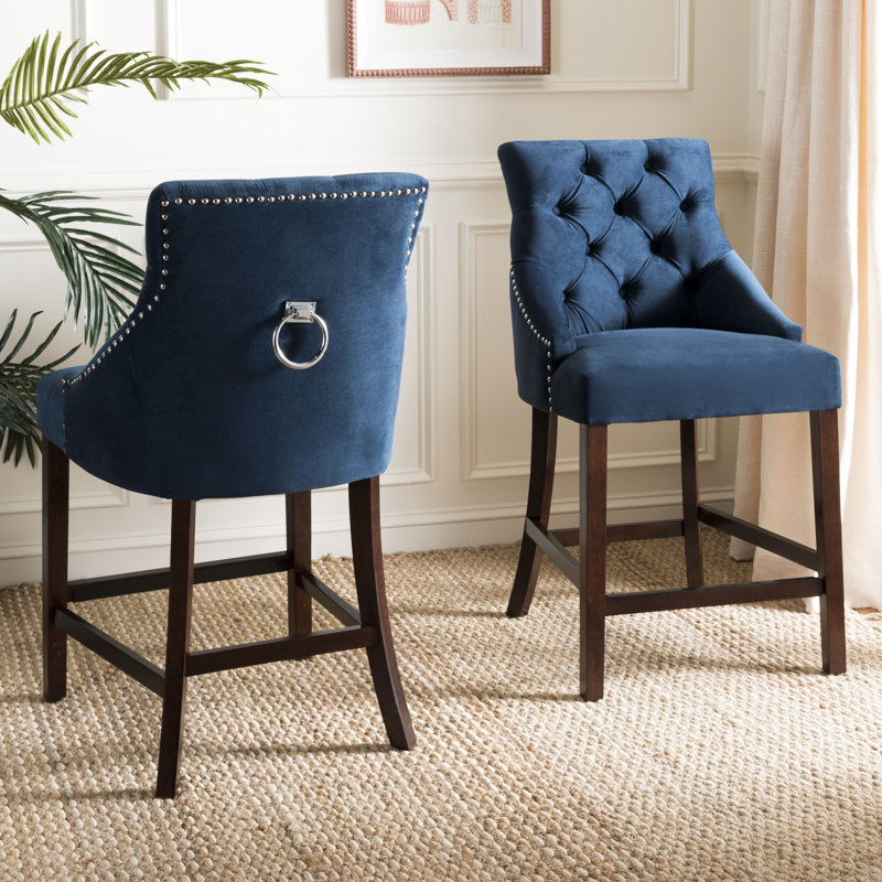 Balyon Upholstered Counter Stool, Velvet-Navy, Counter Stool (26" Seat Height)