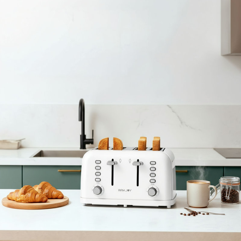 White Four-Slice Toaster With Dual Independent Controls, Extra-Wide Slot, 7 Baking Levels, 4 Main Functions, And A Removable Crumb Tray; Practical And Easy To Clean.