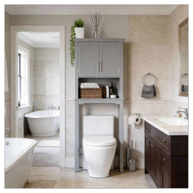 Over-the-Toilet Storage Cabinet with Shaker Doors, Gray MDF Bathroom Organizer