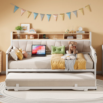 Lit de jour avec lit gigogne, cadre de lit simple avec tête de lit rembourrée et station de charge, canapé-lit avec supports solides pour le salon, la chambre à coucher et la chambre d'amis, blanc