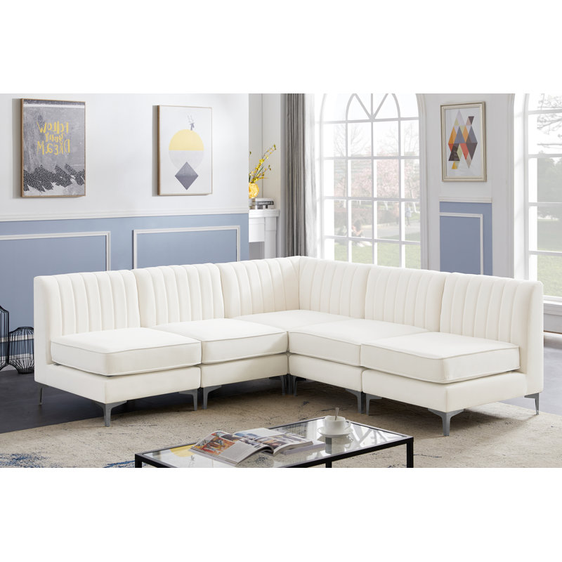 Enson Velvet L-Shaped Sectional Reversible, Cream Velvet