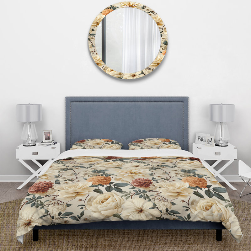 Ensemble de housse de couette Vintage Ivory Flower Symphony I, Housse de couette pour très grand lit et 2 très