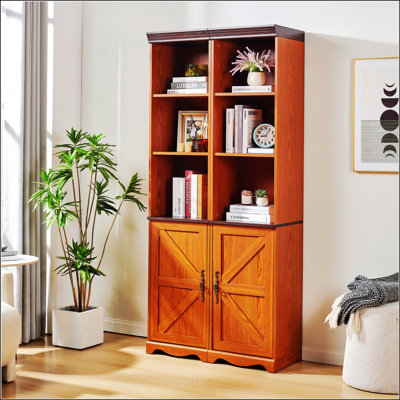 Farmhouse Tall Storage Cabinet with Adjustable Shelves, 3D Wood Grain Finish, Open Display Cubbies & Closed Barn Door Storage