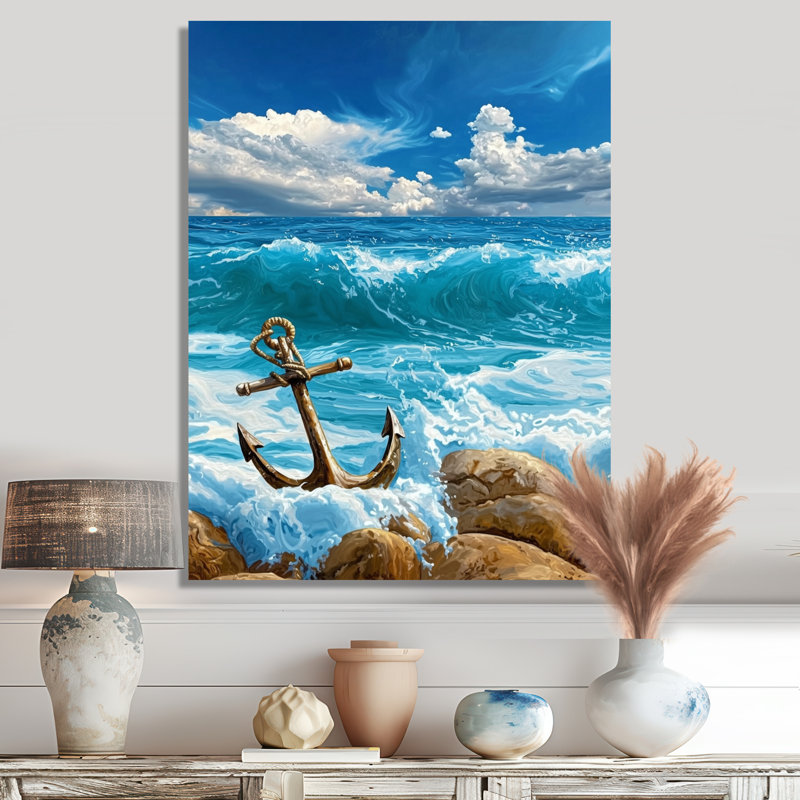 Anchor on the Rocks I - art mural en métal bord de mer, reproduction métallique nautique, H 20 po x l 12 po