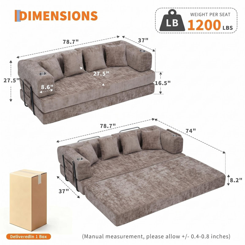 Canapé-lit convertible 5 en 1 en velours côtelé de 200 cm (79 po), futon sans accoudoirs, 4 oreillers et porte-gobelets, brun
