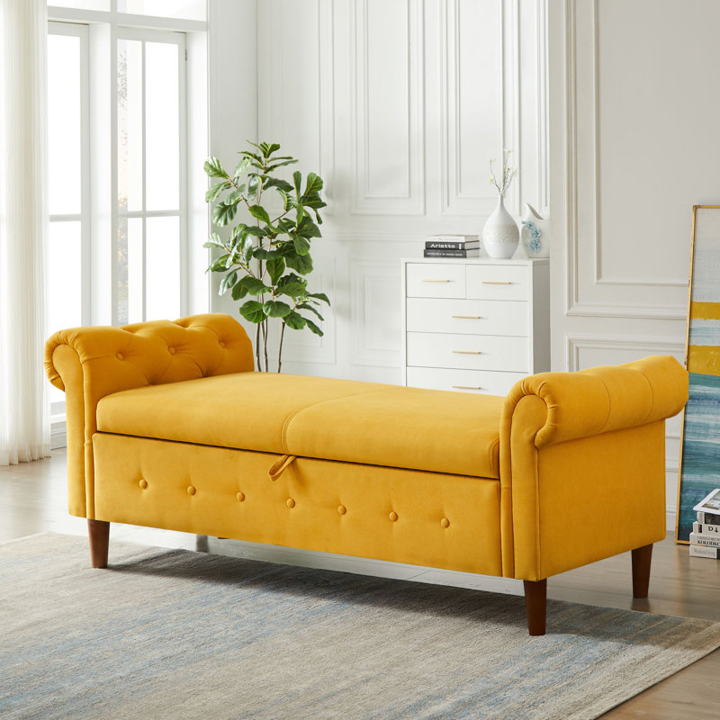 Banc de rangement en bois avec plateau rabattable, Jaune
