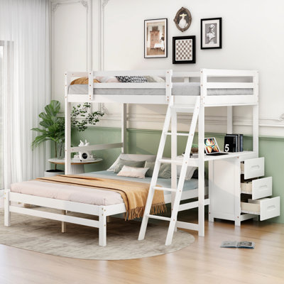 Lit simple superposé au dessus d'un lit double avec bureau intégré et trois tiroirs, blanc