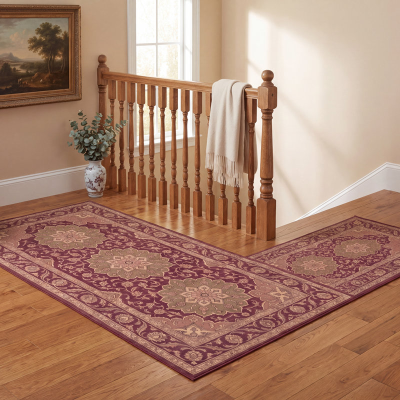 Tapis Darnley traditionnel à médaillon, style persan, bordeaux, cuivre, vert, crème, rose, lavable à la machine, antidérapant, à poils courts, pour l'intérieur et l'extérieur, adapté aux animaux domestiques, idéal pour le salon, la chambre, la salle à manger, l'entrée, le couloir ou le bureau.