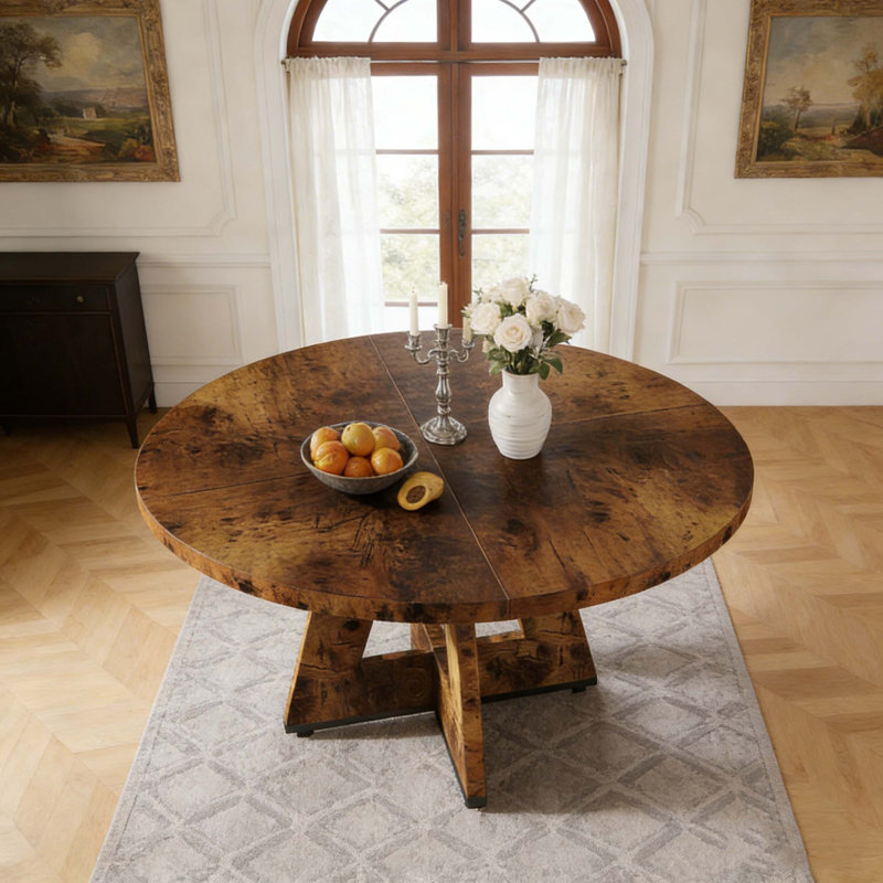 Wooden Round Farmhouse Kitchen Dinner Table for 4, Rustic Brown