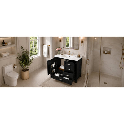 Meubles-lavabos modernes noirs (incluant le meuble et le lavabo) avec rangement, en MDF massif, pour salle de bain.
