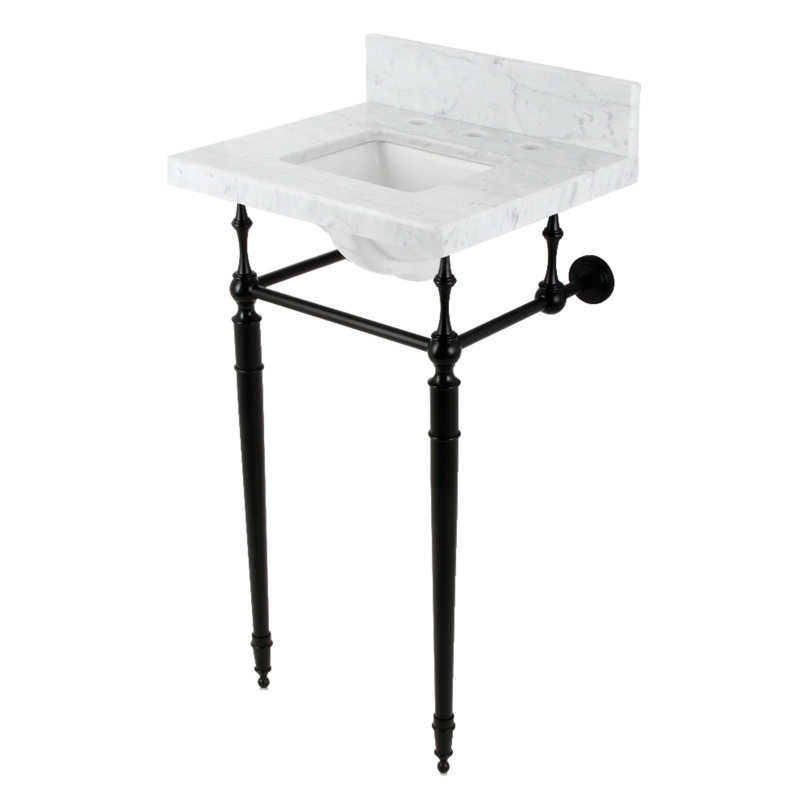Lavabo de salle de bain rectangulaire en métal avec trop-plein Edwardian, Marbre blanc / noir mat
