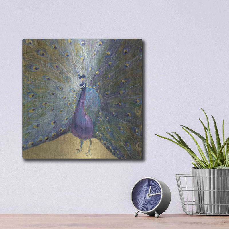«Purple and Gold Peacock» par Danhui Nai, art mural en métal, 12 po x 12 po