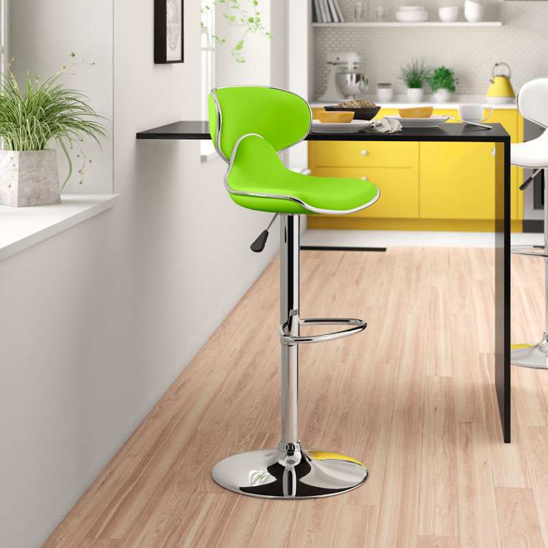 Tabouret de bar contemporain confortable en vinyle à hauteur réglable et dossier mi-haut avec base chromée Claudine, Vert