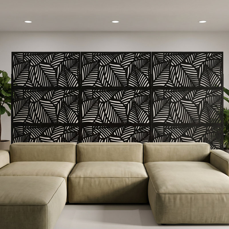 Paravent métallique autoportant à motif de feuilles, 183 cm (H) x 120 cm (L), noir. Séparateur de pièce extérieur.