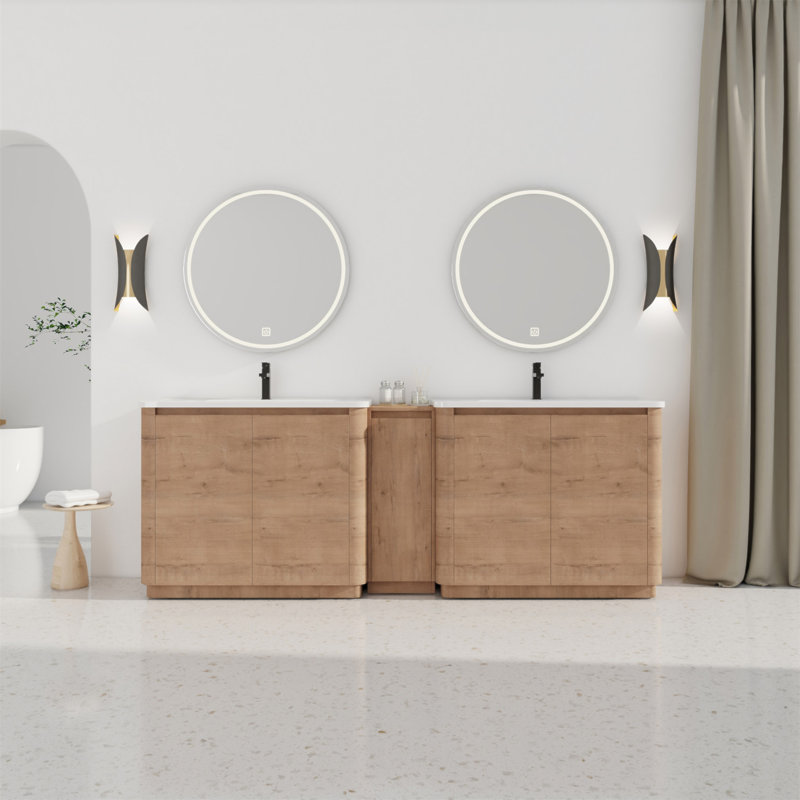 Meuble-lavabo autoportant de 92 po avec lavabo en céramique blanche et 1 petite armoire de rangement, porte à fermeture en douceur
