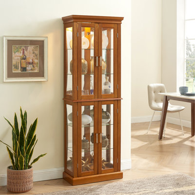 Curio Cabinet Lighted Curio Diapaly Cabinet With Adjustable Shelves And Mirrored Back Panel, Tempered Glass Doors (OAK, 6 Tier), (E26 Light Bulb Not Included)