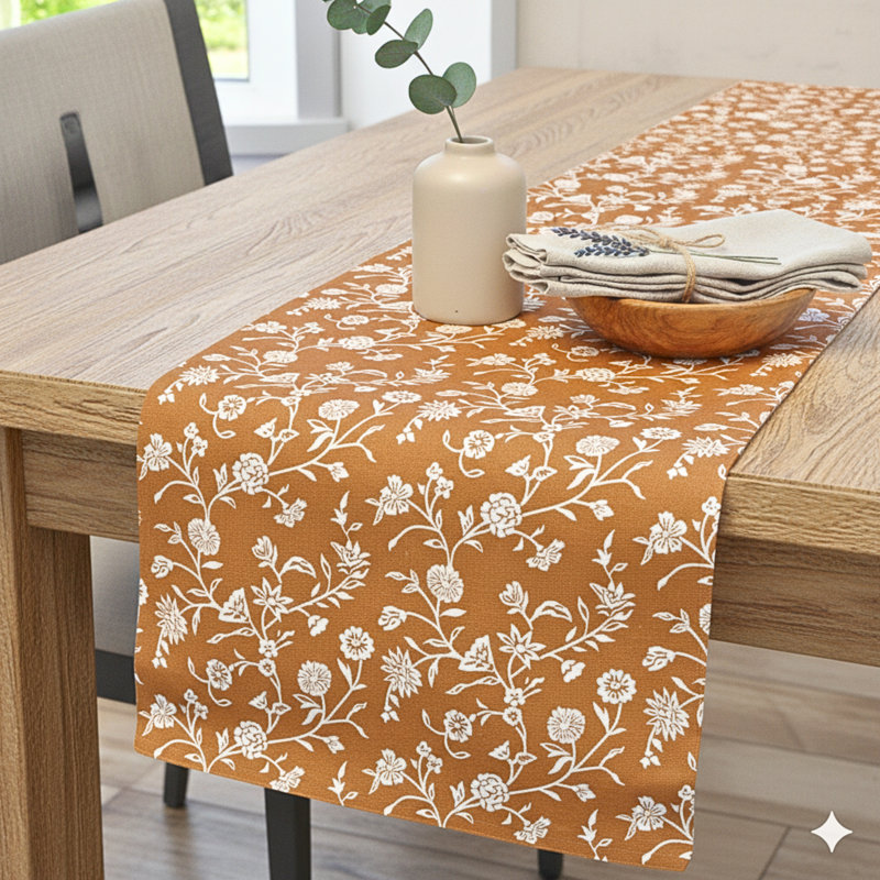 Floral Dining Table Runner Botanical Flower Design Vintage Style Dresser Scarf, Coffee Table Runner , 48" L x 14" W