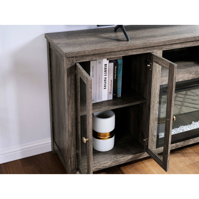 Console de meuble télé avec chauffage, lumière DEL et tablettes pour téléviseur de 65 po ou moins, Gris clair