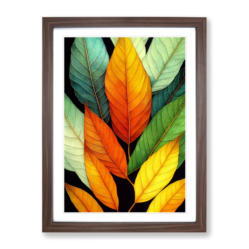 Colourful Leaves No.3 - Single Picture Frame Print, 64cm H x 46cm W x 2cm D, Walnut