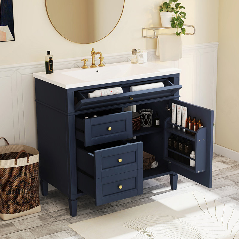 Meuble-lavabo de salle de bain avec lavabo, armoire de rangement de salle de bain avec tiroir basculant, lavabo simple, Bleu