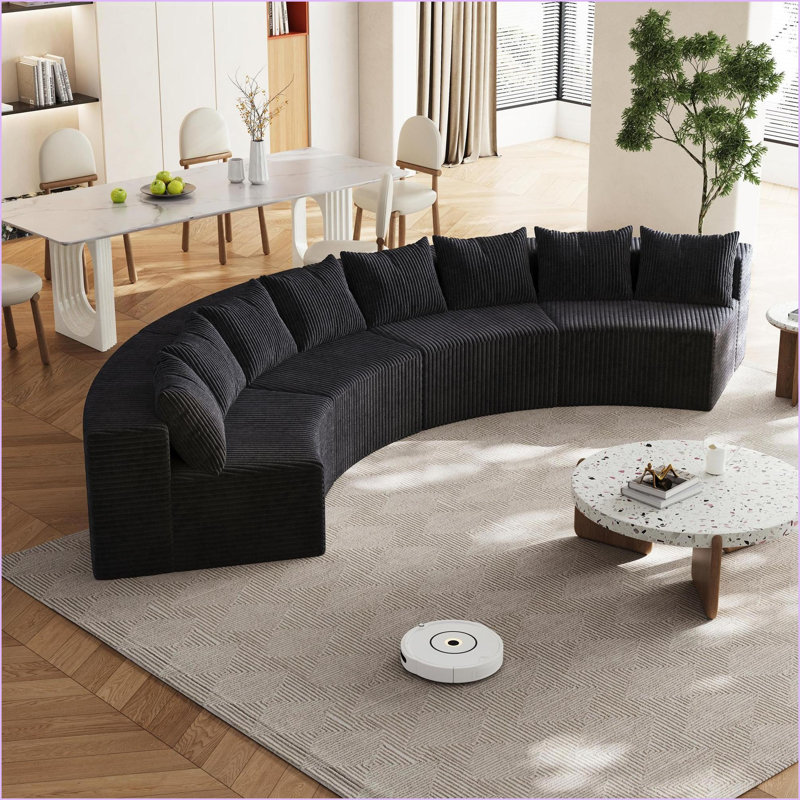 Sectional Sofas Curved Modular Corduroy Sofa with 8 Pillows for Living Room Bedroom Office | Corduroy | Black