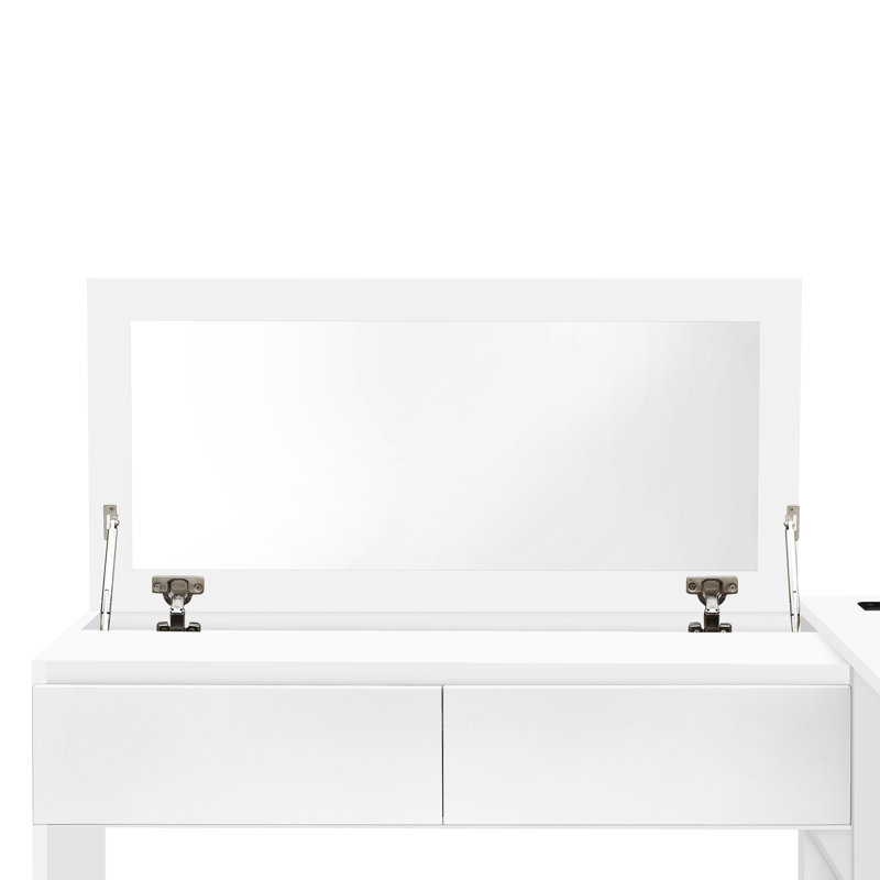 Lit plateforme double en bois blanc avec 6 tiroirs, tablettes et coiffeuse, Blanc
