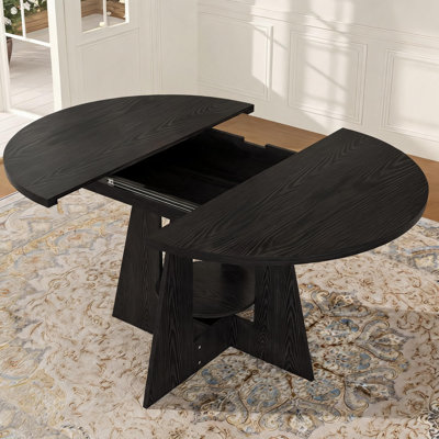 Table de salle à manger extensible ronde à ovale, 110-150 cm, 4 à 8 couverts, rallonge coulissante, pied central style campagnard aspect bois, idéale pour les petits espaces