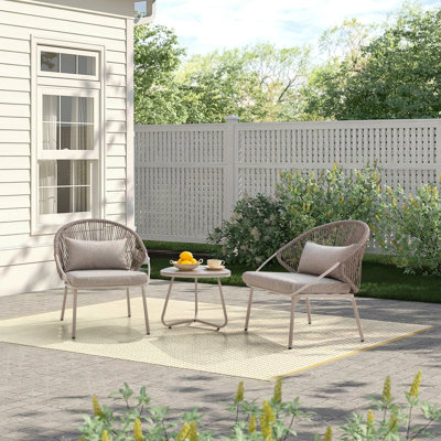3pcs Pe Wicker Patio Bistro Set With Zippered Cushions, Wood-grain Tabletop