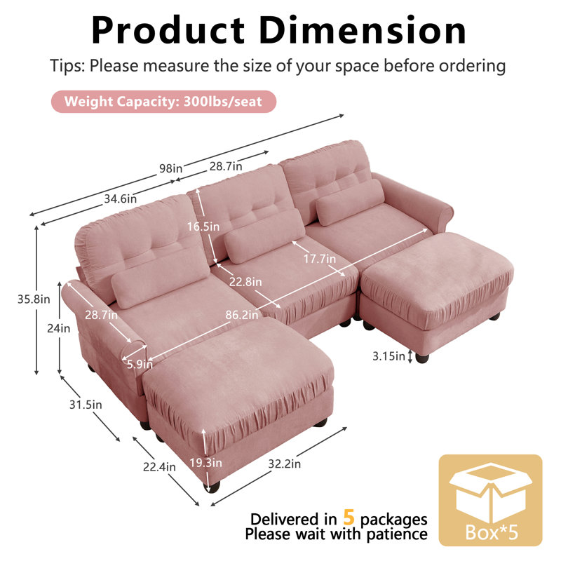 Canapé modulaire en U 3 places Chenille, Rose