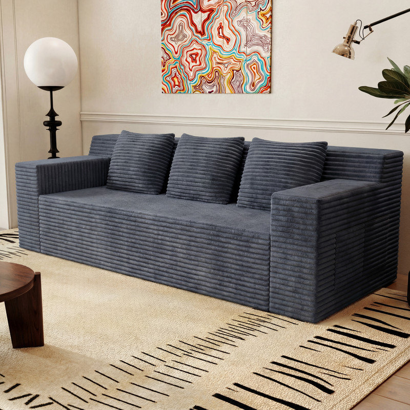 Causeuse 2 places en velours côtelé gris foncé, siège profond sans os avec 3 coussins, sans assemblage requis, l 71 po pour les petits espaces