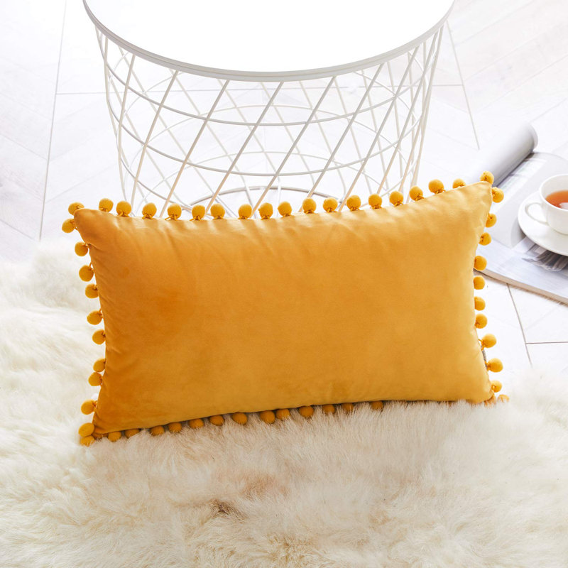 Pom Pom Velvet Velvet Reversible Pillow Cover, Yellow
