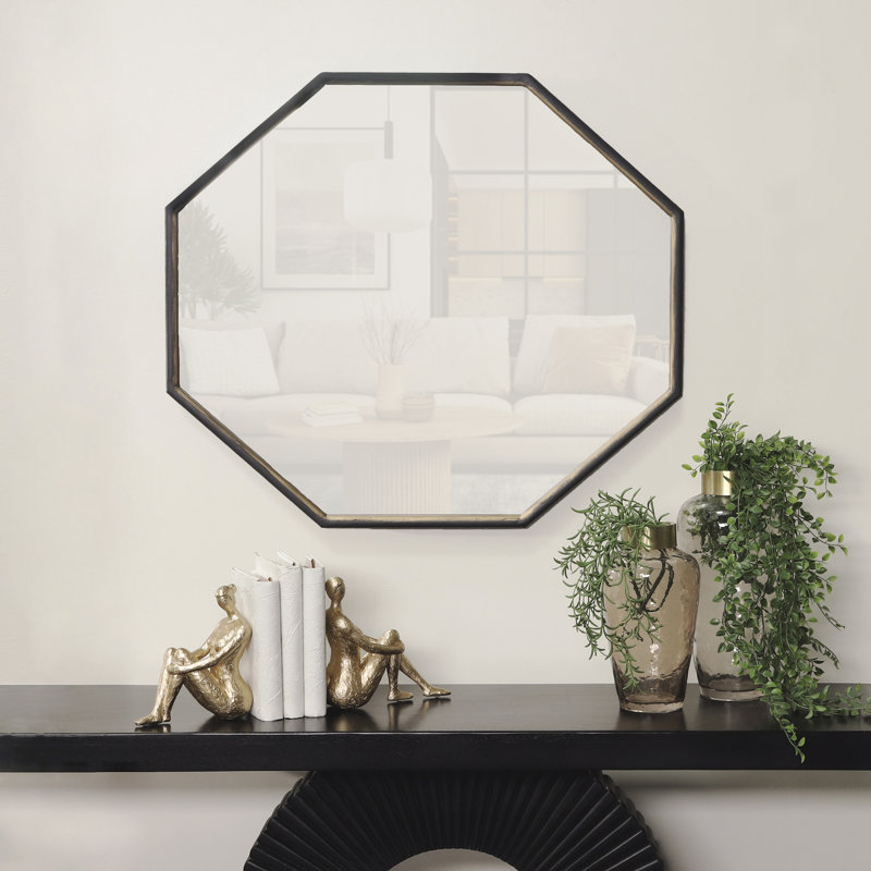 Octagonal Black and Gold MDF Wood Wall Mirror