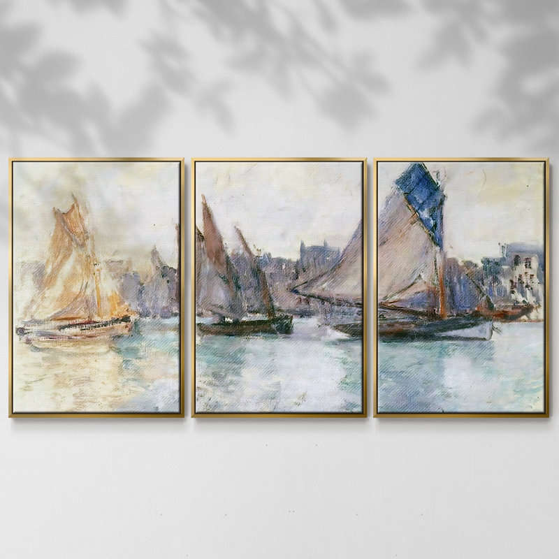 Bateaux dans le port du Havre, 1882, peinture sur toile 3 pièces, H 36 po x l 75 po, Encadrement doré