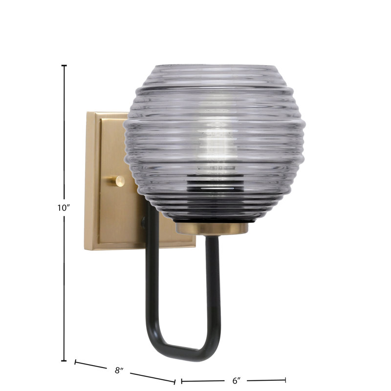 Applique murale 1 lumière Amarmula, fini noir mat et laiton vieilli, verre strié fumée 6 po, Noir/laiton, Transparent/noir