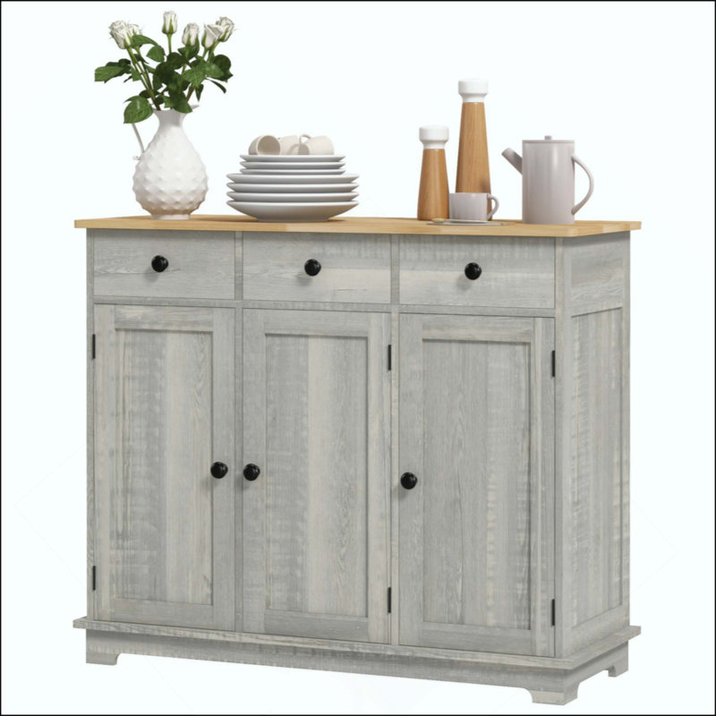 Sideboard With Solid Wood Countertop, Modern Kitchen Storage Cabinet, Coffee Bar Cabinet With 3 Drawers, Doors And Adjustable Shelf