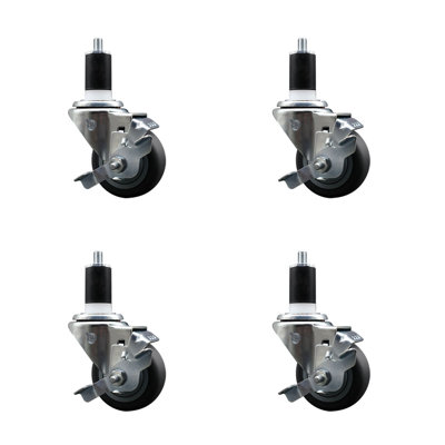 3 Inch SS Thermoplastic Rubber Swivel 1-1/2 Inch Expanding Stem Caster Set with Brake SCC