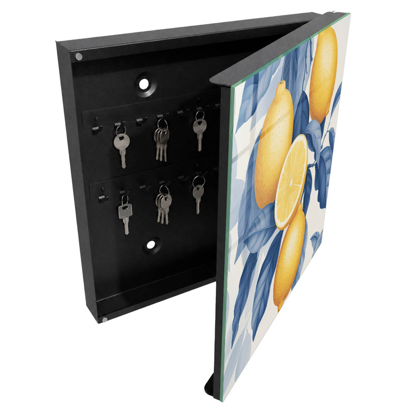Key cabinet for wall, Opens to the right, 30x30x5, Black, Lemons with blue leaves fresh style, 