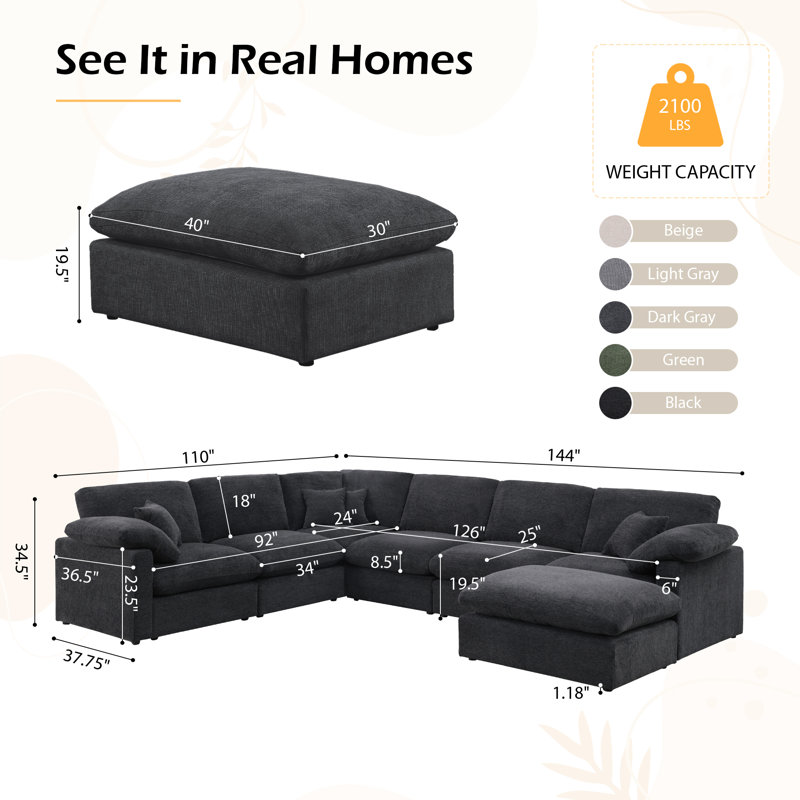 7-Piece Chenille Cloud Sectional Couches, Oversized Corner Sectional Sofa, Dark Gray, Dark Gray, 144" W x 110" D x 34.5"H