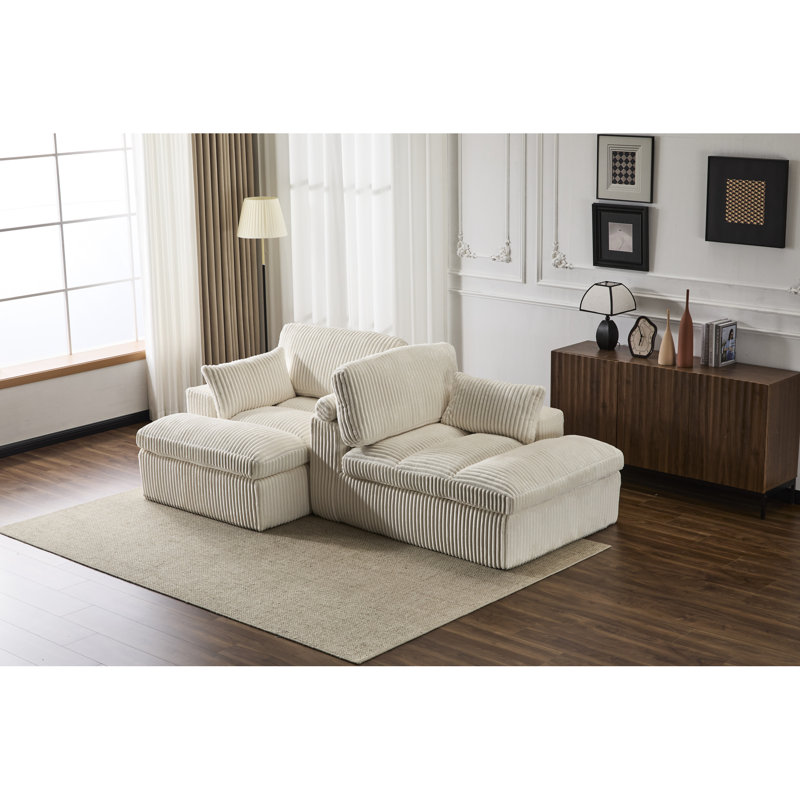 Méridienne intérieure double, canapé-lit rembourré en velours côtelé blanc surdimensionné, lit modulaire luxueux à assise profonde pour regarder la télévision, sans assemblage, 2 sièges avec lit de remplissage en mousse à mémoire de forme, canapé