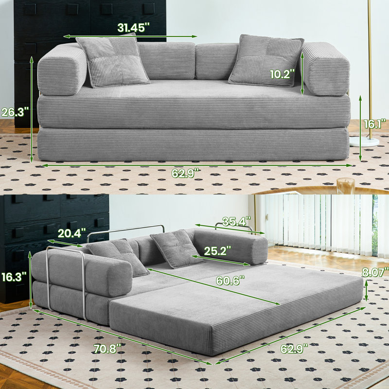 Canapé-lit Boneless Convertible, Gris, H 26,3 po x l 62,9 po x P 35,4 po