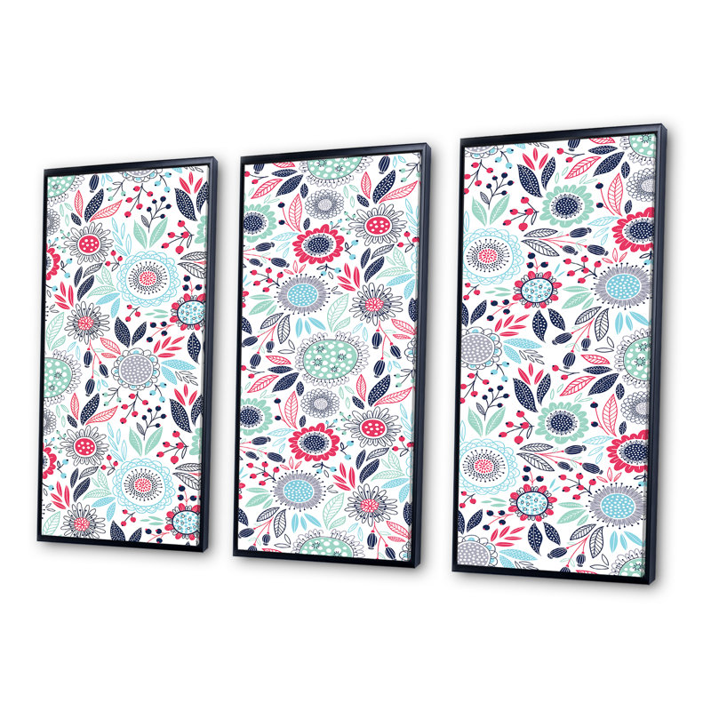 Fleurs rétro roses et bleues - ensemble de 3 reproductions d'art encadrées sur toile, H 32 po x l 48 po x P 1 po, Cadre noir