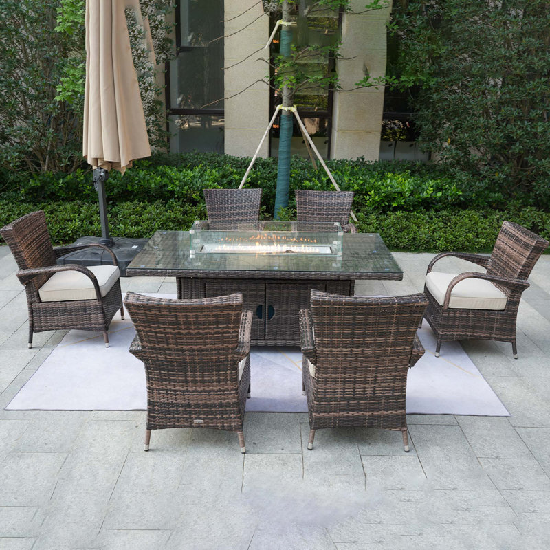 6 - Person Rectangular Outdoor Dining Set With Cushions, Beige, Brown