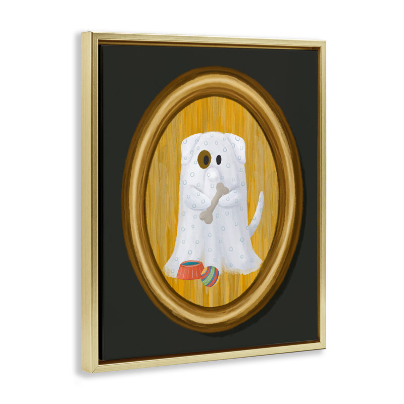 Chien fantôme avec cadre flottant en os, design par Jennifer Stith, H 21 po x l 17 po, Cadre flottant métallique doré