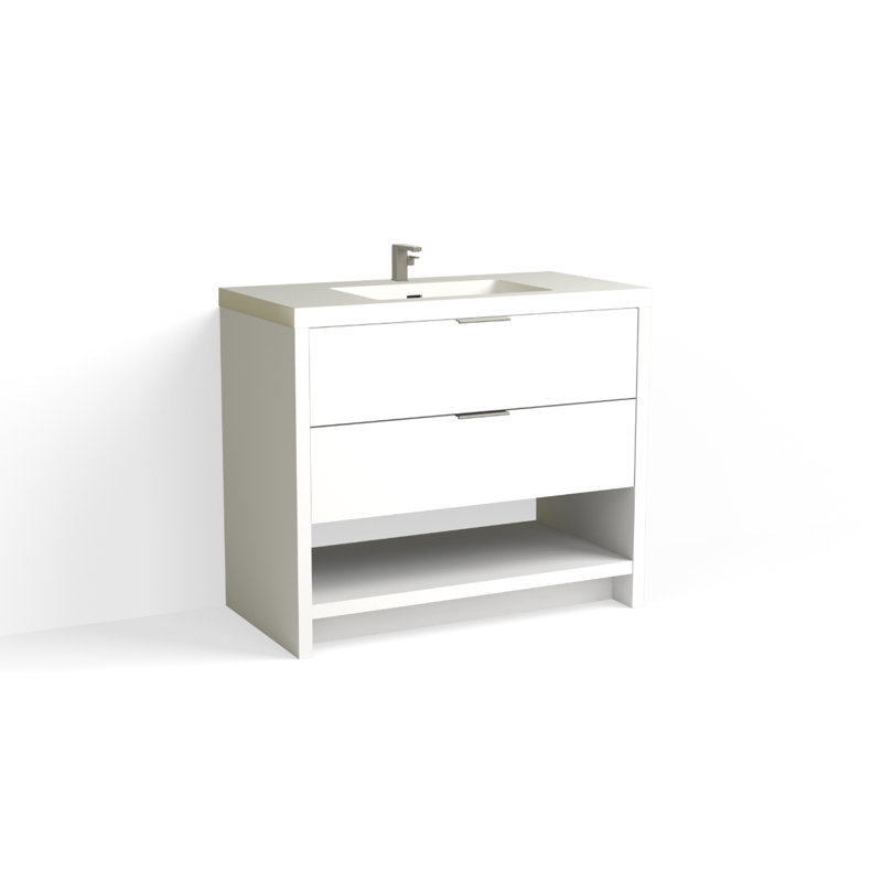 Vue 42" W Freestanding Single Bathroom Vanity, Glossy White/8" Widespread, Matte Black, White Nanomatte