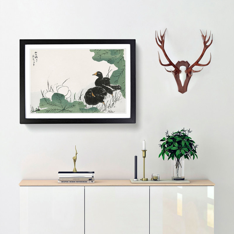 Coot Bird & Lotus Flower by Numata Kashu - Picture Frame Painting Print, Black Framed, 27cm H x 36cm W x 2cm D