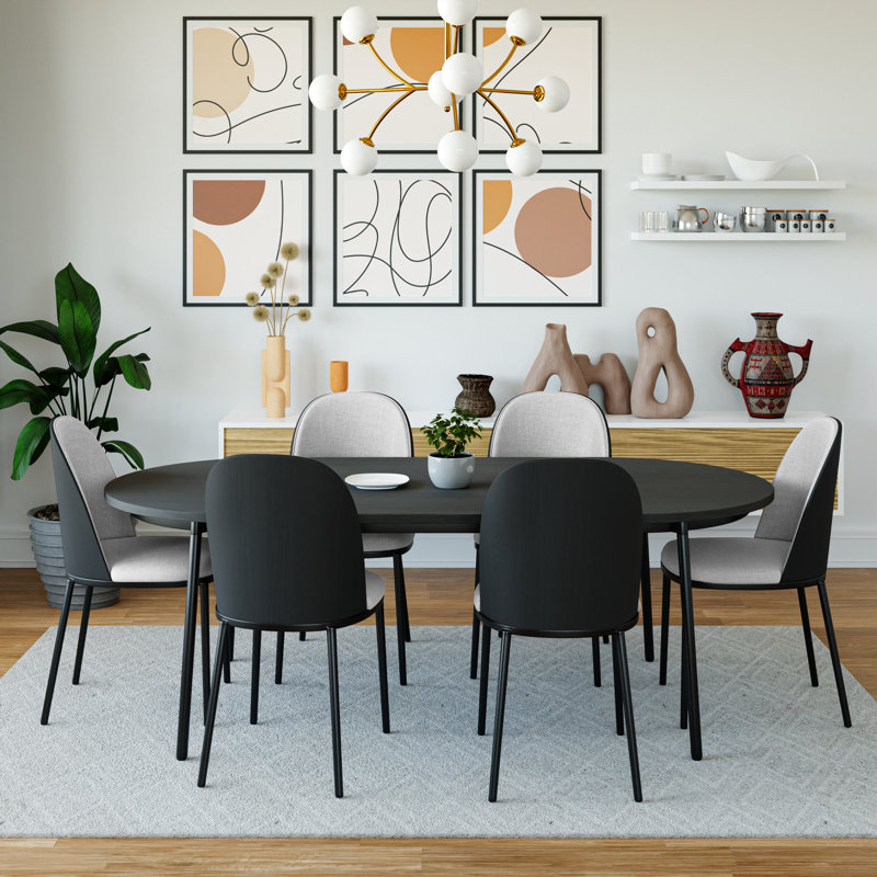 Kelce 6 Person 71" Oval Dining Table Set with Modern Upholstered Chairs, Black, Black/White
